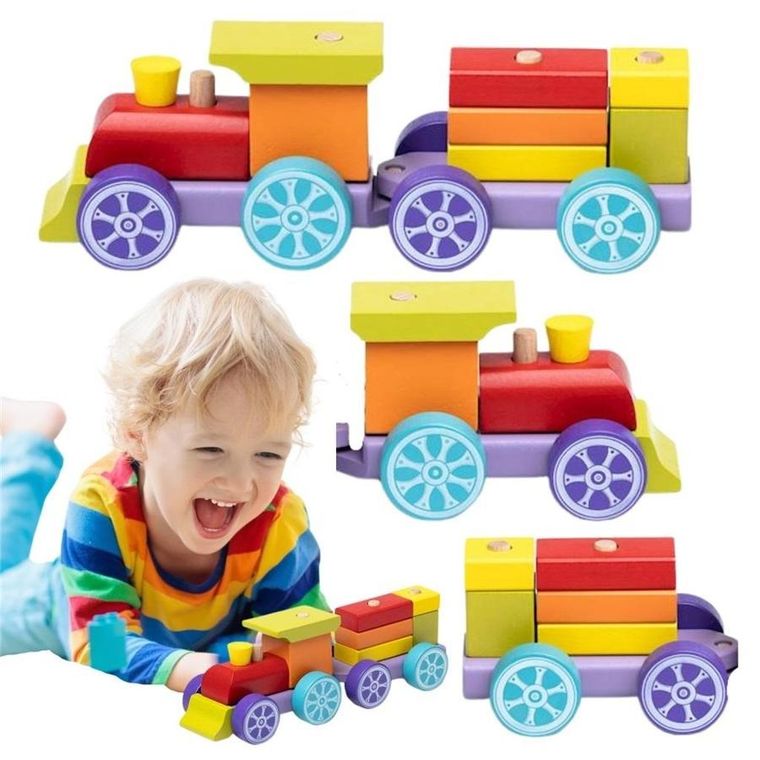 Cubika, tęczowy pociąg, klocki drewniane