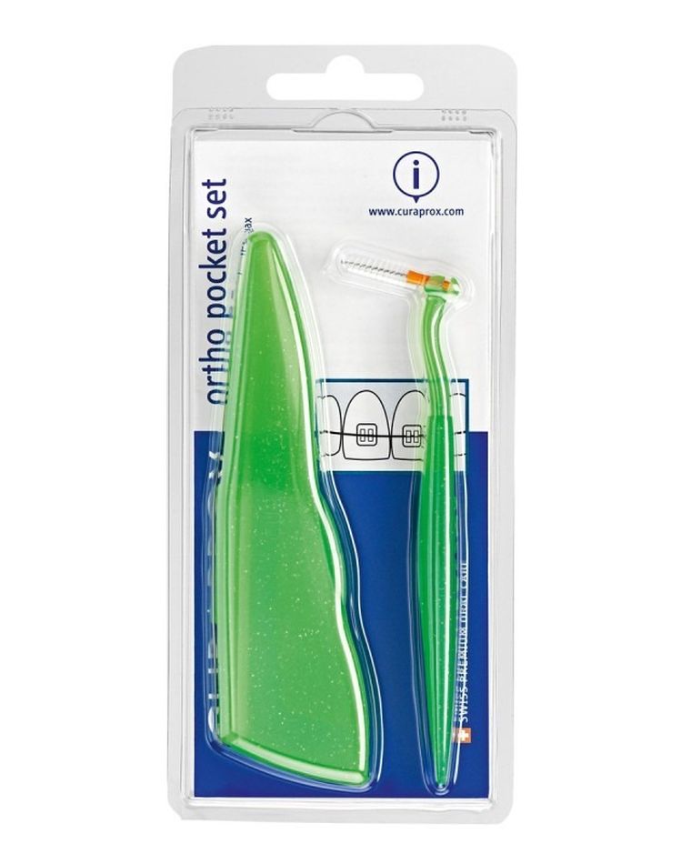 Curaprox, czyściki międzyzębowe, końcówki CPS 07, 3 szt. + uchwyt UHS 451, click + laska wosku + etui, kieszonkowy zestaw ortodontyczny