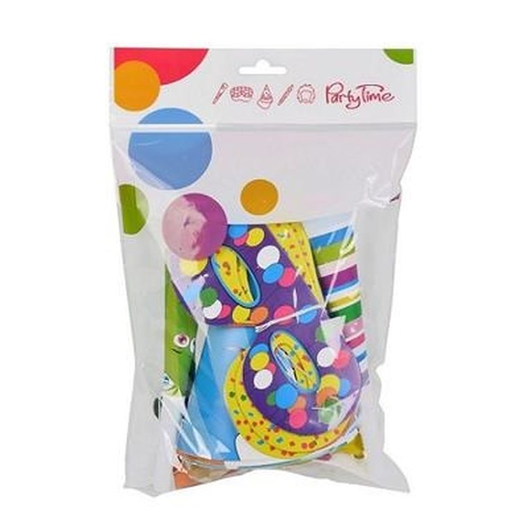 Czapeczki, maski, gwizdki, trąbki, balony metalizowane, zestaw, 20 elementów