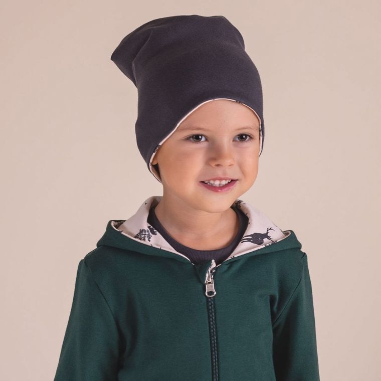 Czapka chłopięca, dwustronna, grafitowo-beżowa, Nicol