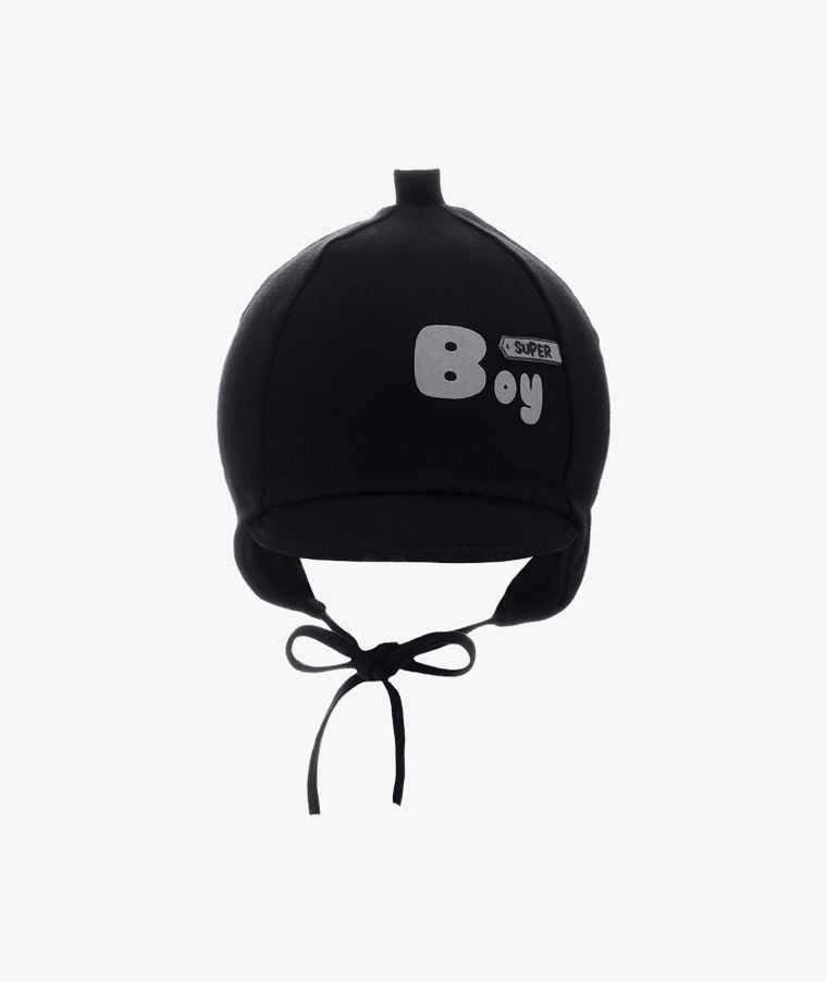 Czapka chłopięca, wiązana, czarna, Super boy, Iltom