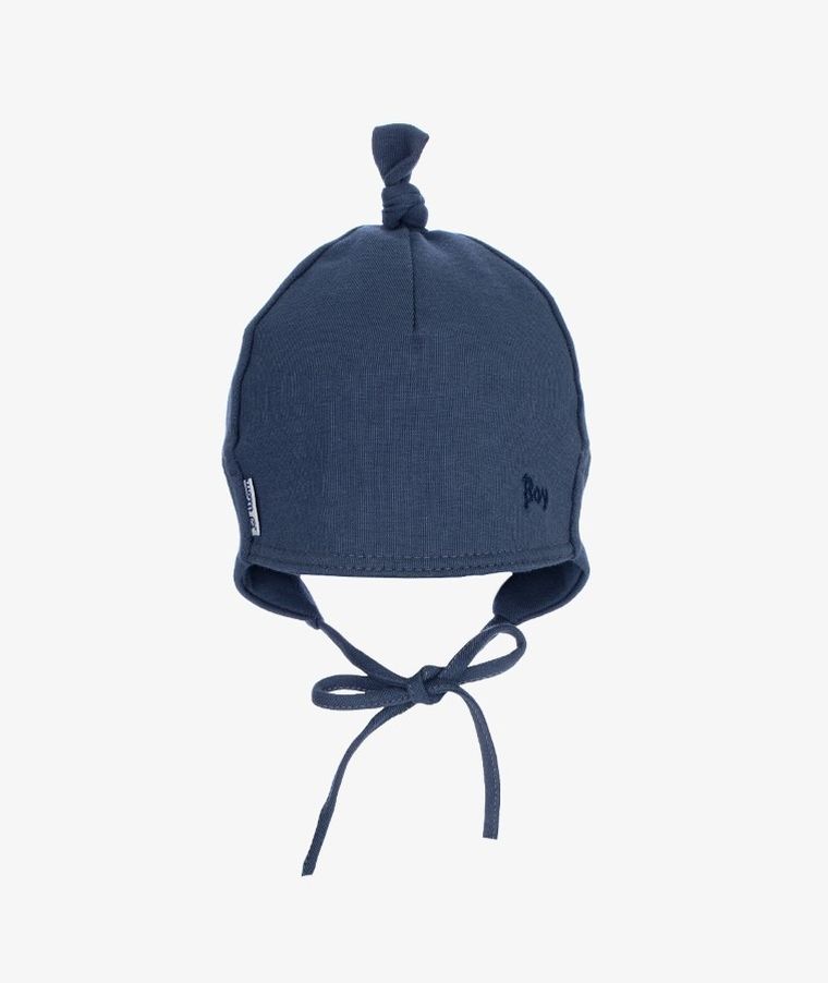 Czapka chłopięca, wiązana, granatowa, supełek, Iltom