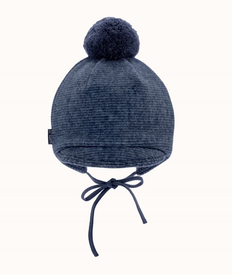 Czapka chłopięca z pomponem, wiązana, granatowa, Iltom