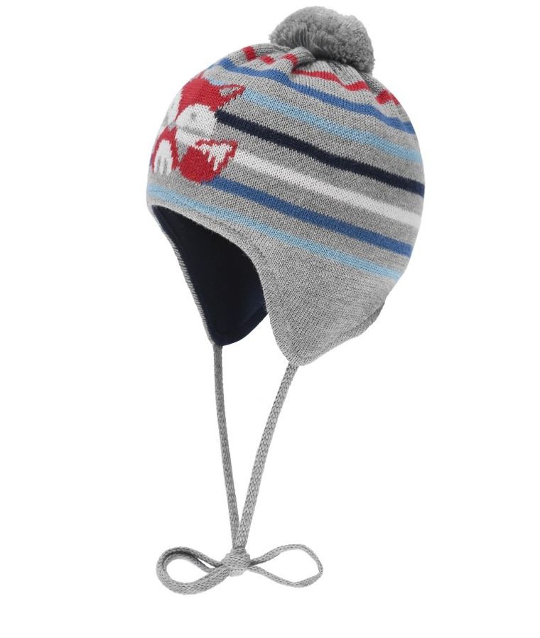 Czapka chłopięca z pomponem, wiązana, szara, lis, Döll