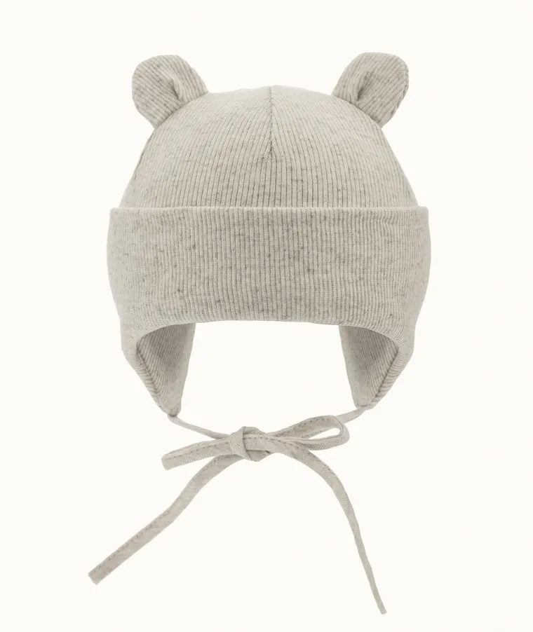 Czapka dziecięca, wiązana, prążkowana, beżowa, Iltom