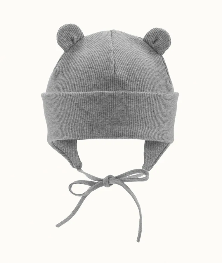 Czapka dziecięca, wiązana, prążkowana, szara, Iltom