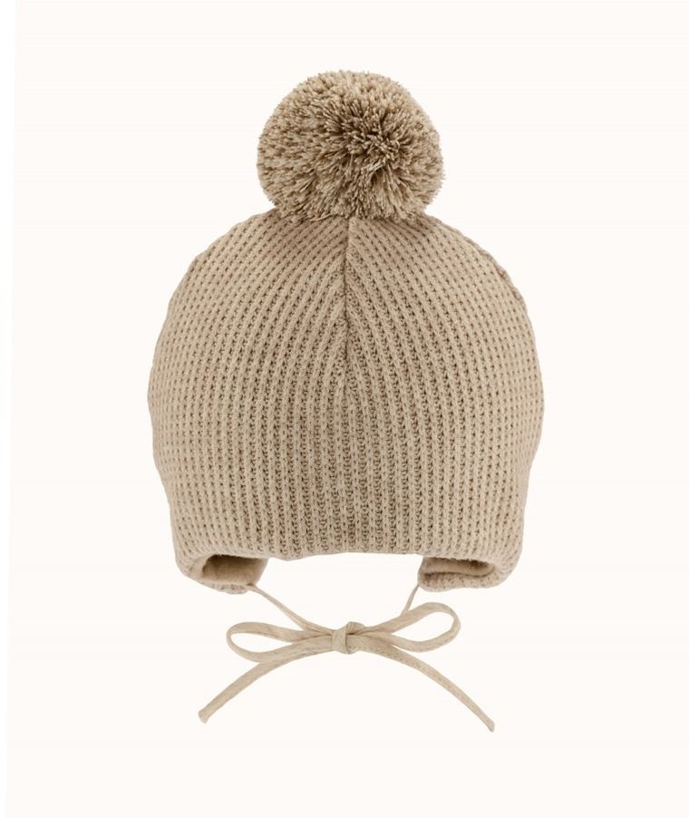 Czapka dziecięca z pomponem, wiązana, beżowa, Iltom