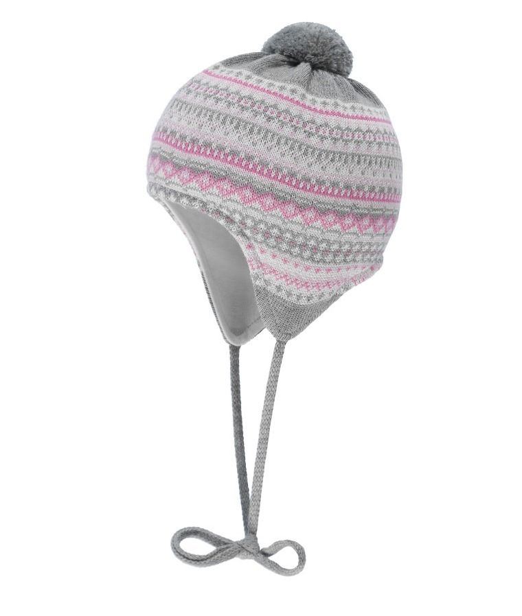 Czapka dziecięca z pomponem, wiązana, szaro-różowa, Döll