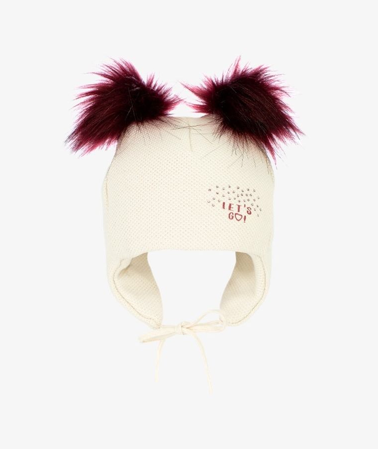 Czapka dziewczęca, wiązana, beżowa, Let's go, Iltom