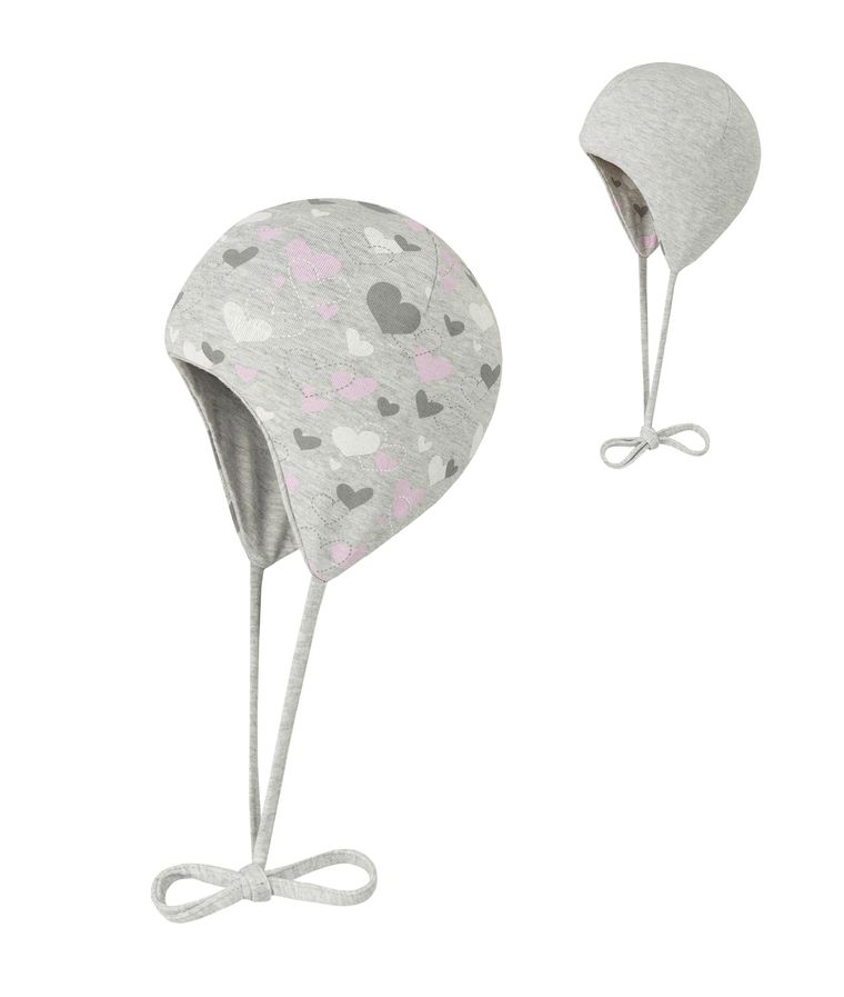 Czapka dziewczęca, wiązana, dwustronna, szara, serca, Döll