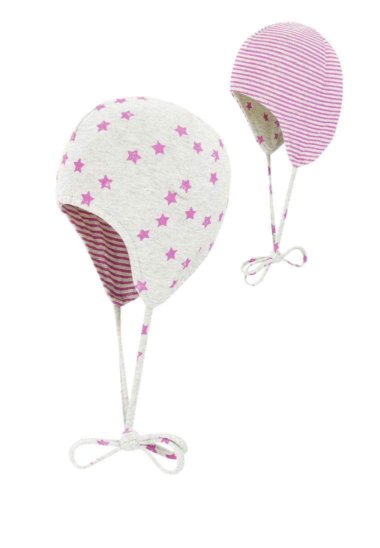 Czapka dziewczęca, wiązana, dwustronna, szaro-różowa, gwiazdki, paski, Döll