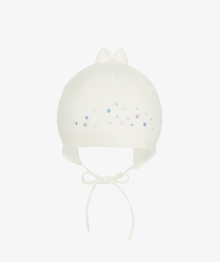 Czapka dziewczęca, wiązana, ecru, Iltom