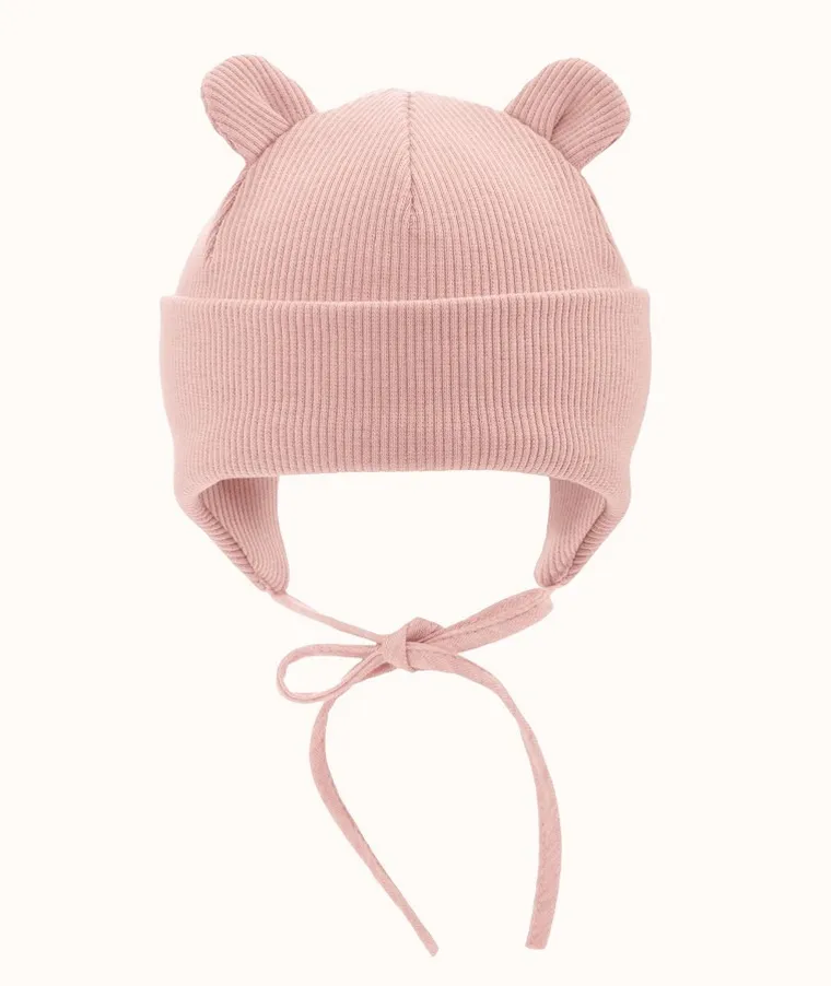 Czapka dziewczęca, wiązana, prążkowana, różowa, Iltom