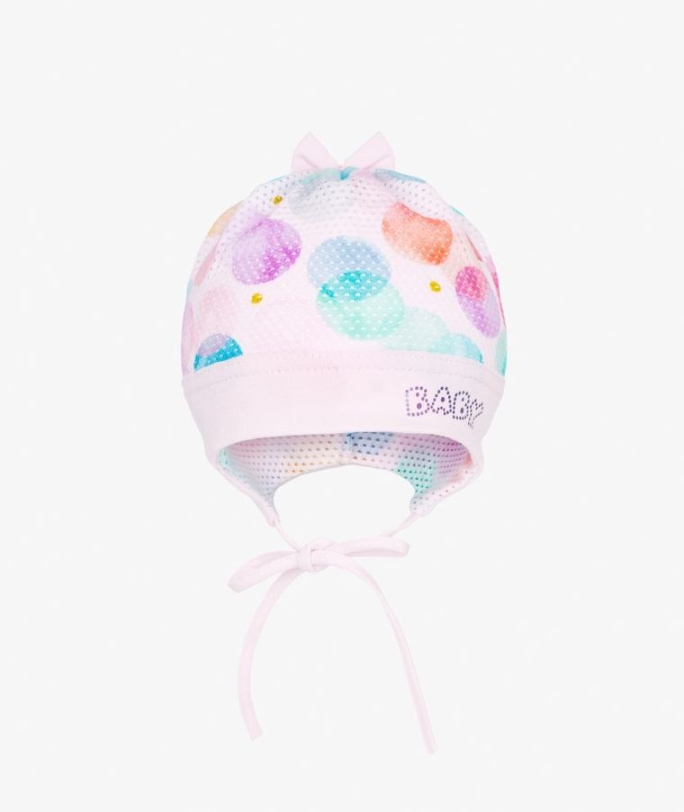 Czapka dziewczęca, wiązana, różowa, grochy, Iltom