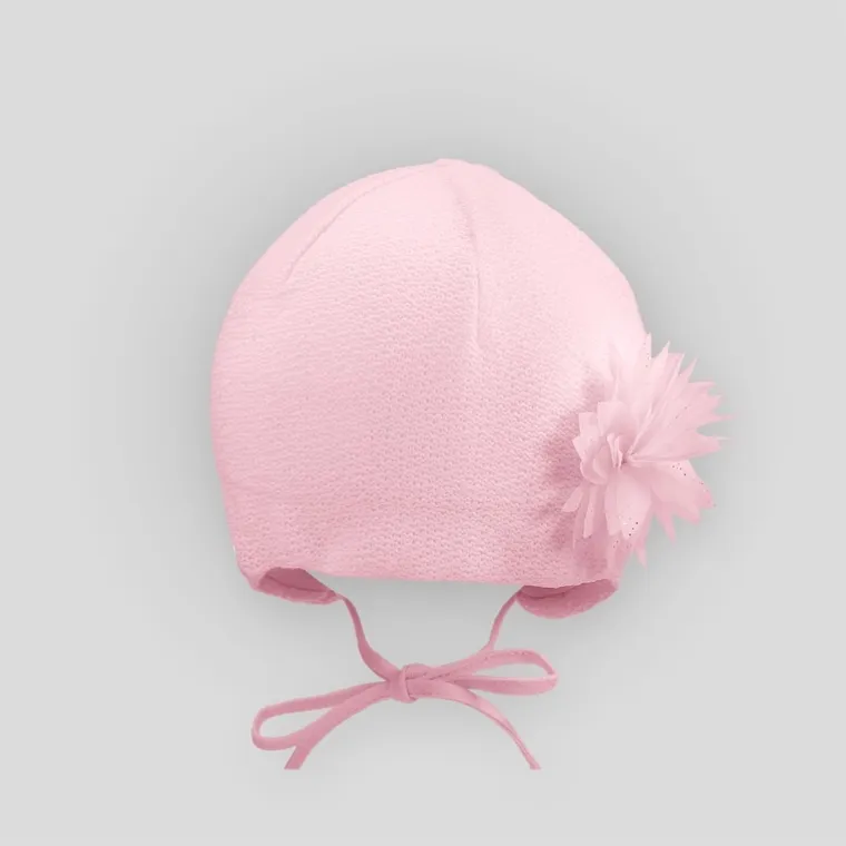 Czapka dziewczęca, wiązana, różowa, kwiatek, Iltom