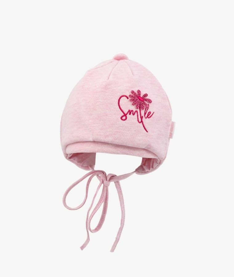Czapka dziewczęca, wiązana, różowa, Smile, Iltom