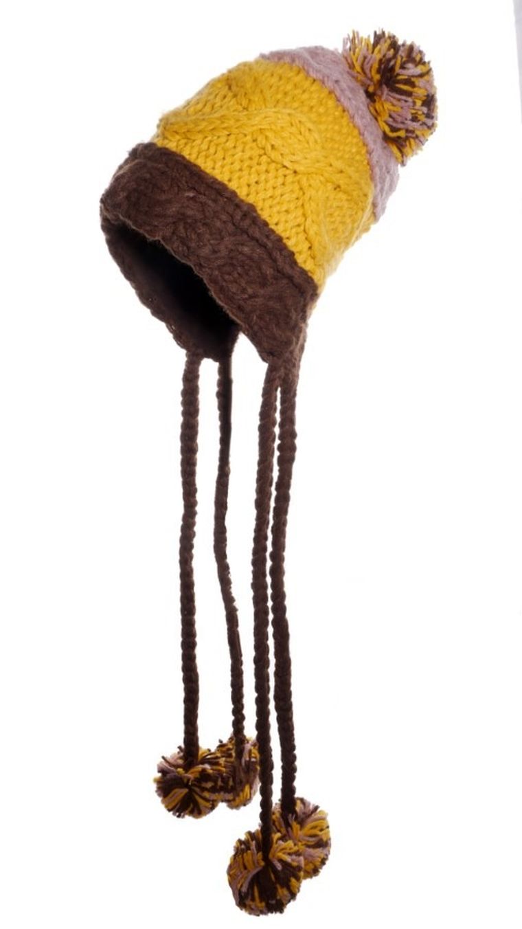 Czapka dziewczęca z pomponami, żółto-brązowa, Ambra