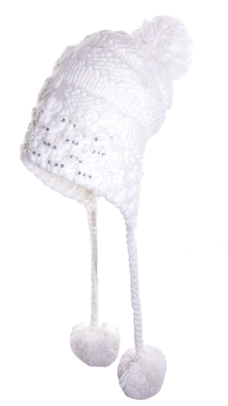 Czapka dziewczęca z pomponem, biała, Ambra