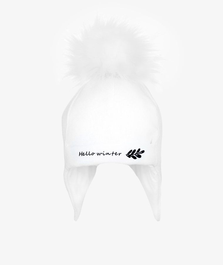 Czapka dziewczęca z pomponem, biała, Hello winter, Iltom