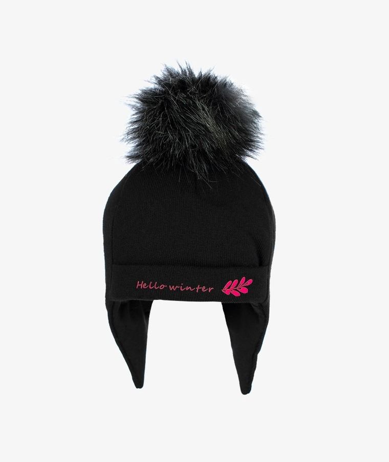 Czapka dziewczęca z pomponem, czarna, Hello winter, Iltom