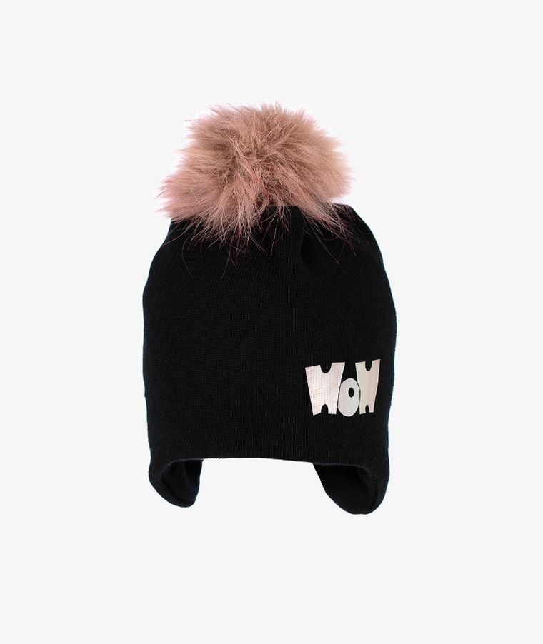 Czapka dziewczęca z pomponem, czarna, Wow, Iltom