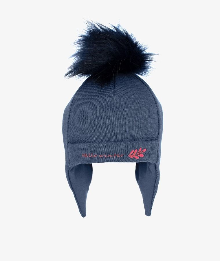 Czapka dziewczęca z pomponem, granatowa, Hello winter, Iltom