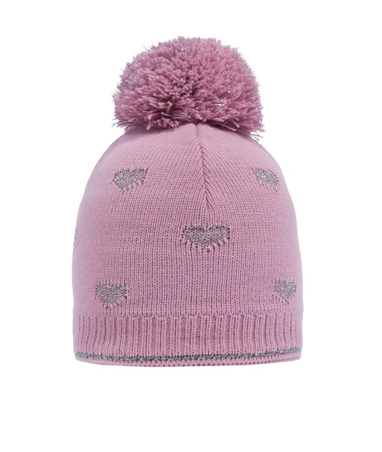 Czapka dziewczęca z pomponem, różowa, serduszka, Döll