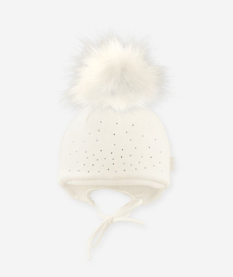 Czapka dziewczęca z pomponem, wiązana, ecru, dżety, Iltom