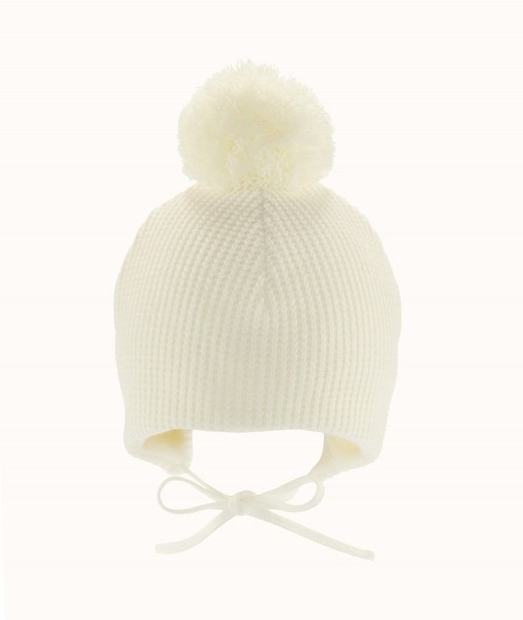 Czapka dziewczęca z pomponem, wiązana, ecru, Iltom