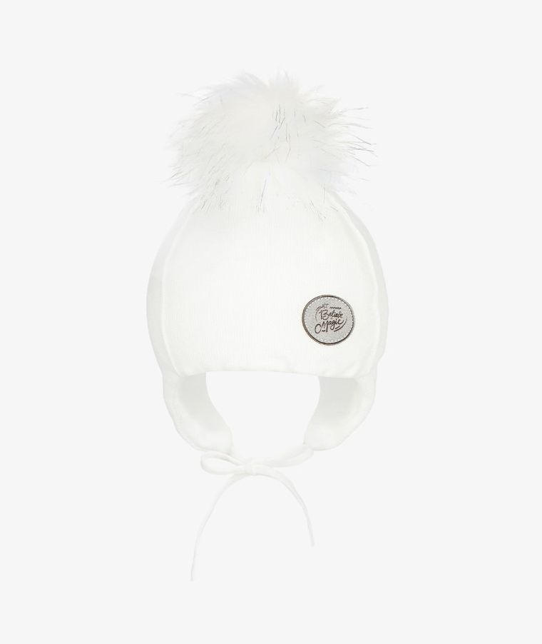 Czapka dziewczęca z pomponem, wiązana, ecru, Magic, Iltom