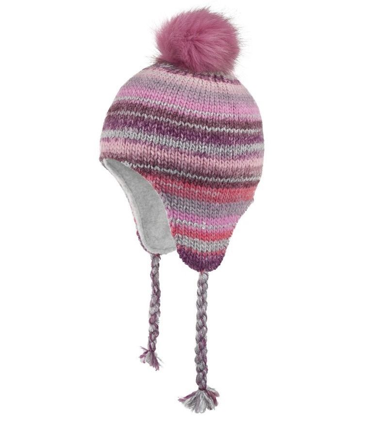 Czapka dziewczęca z pomponem, wiązana, różowa, paski, Döll