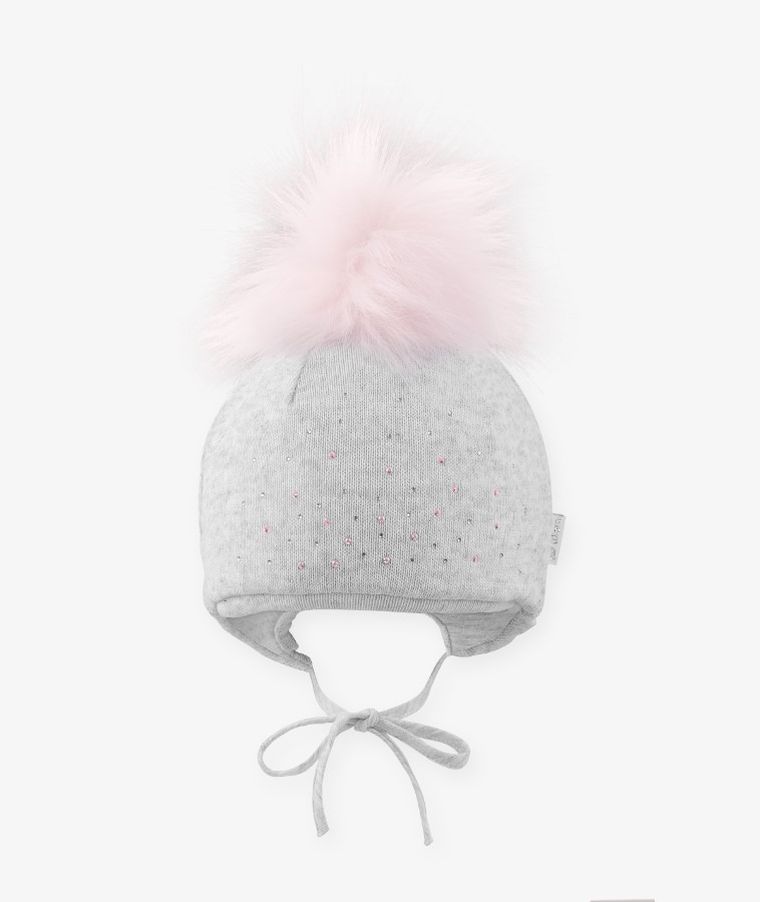 Czapka dziewczęca z pomponem, wiązana, szara, Iltom