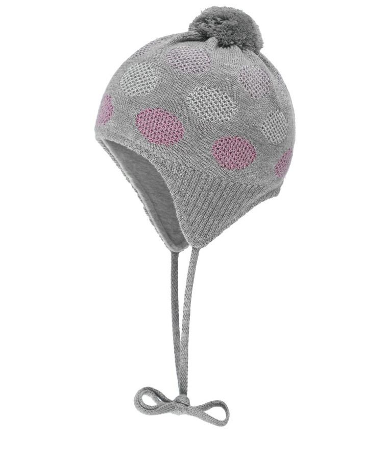 Czapka dziewczęca z pomponem, wiązana, szara melanż, grochy, Döll