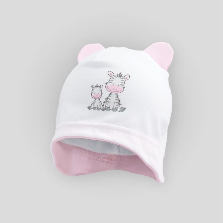 Czapka dziewczęca z uszkami, biało-różowa, zebry, Iltom