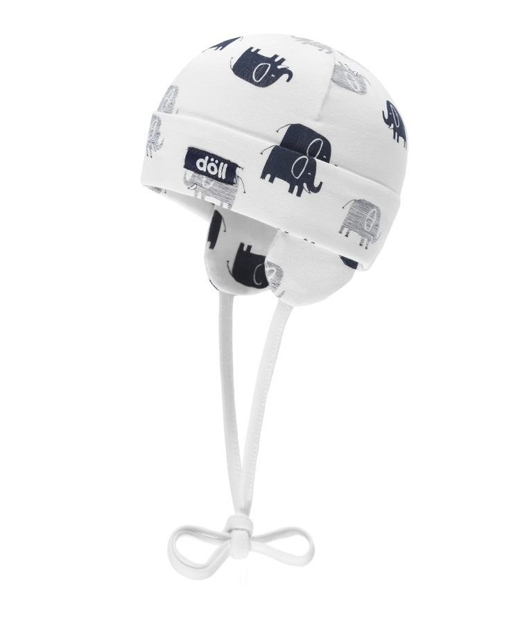 Czapka niemowlęca, wiązana, biała, słonie, Döll