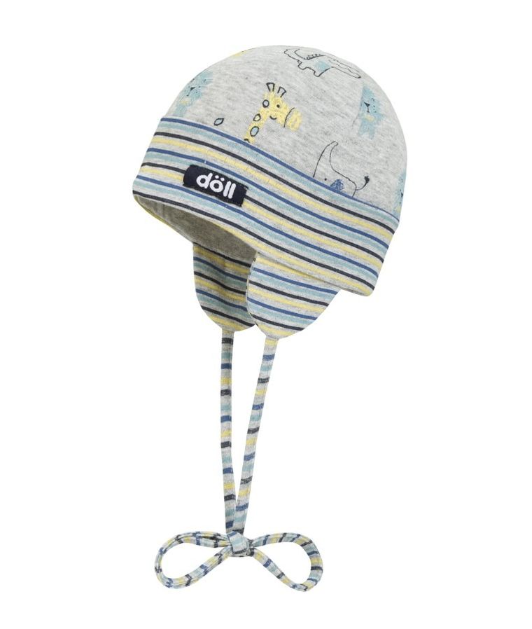 Czapka niemowlęca, wiązana, szara, paski, zwierzęta, Döll