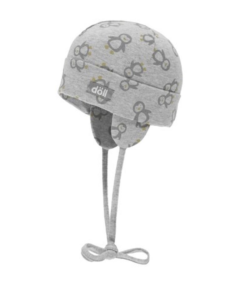 Czapka niemowlęca, wiązana, szara, pingwiny, Döll