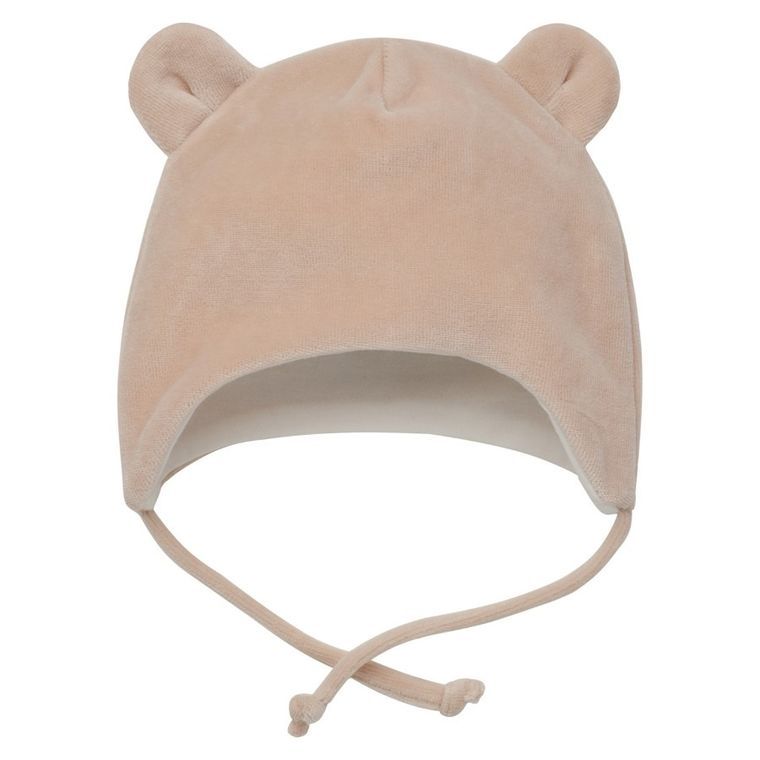 Czapka niemowlęca, wiązana, welurowa, beżowa, Pinokio