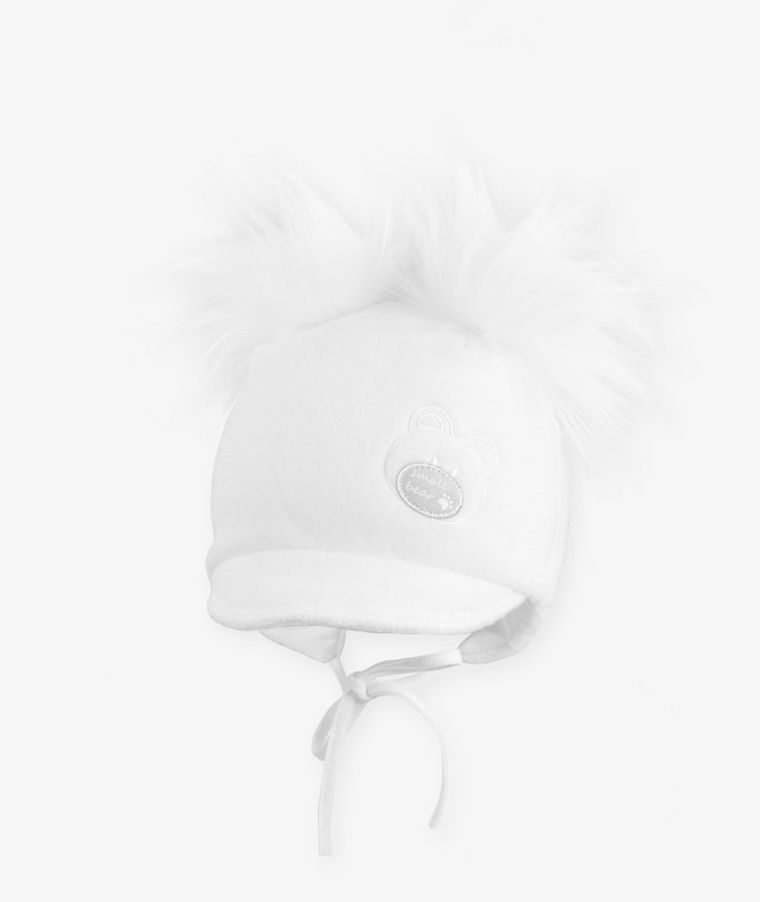 Czapka niemowlęca z pomponami, wiązana, biała, miś, Iltom