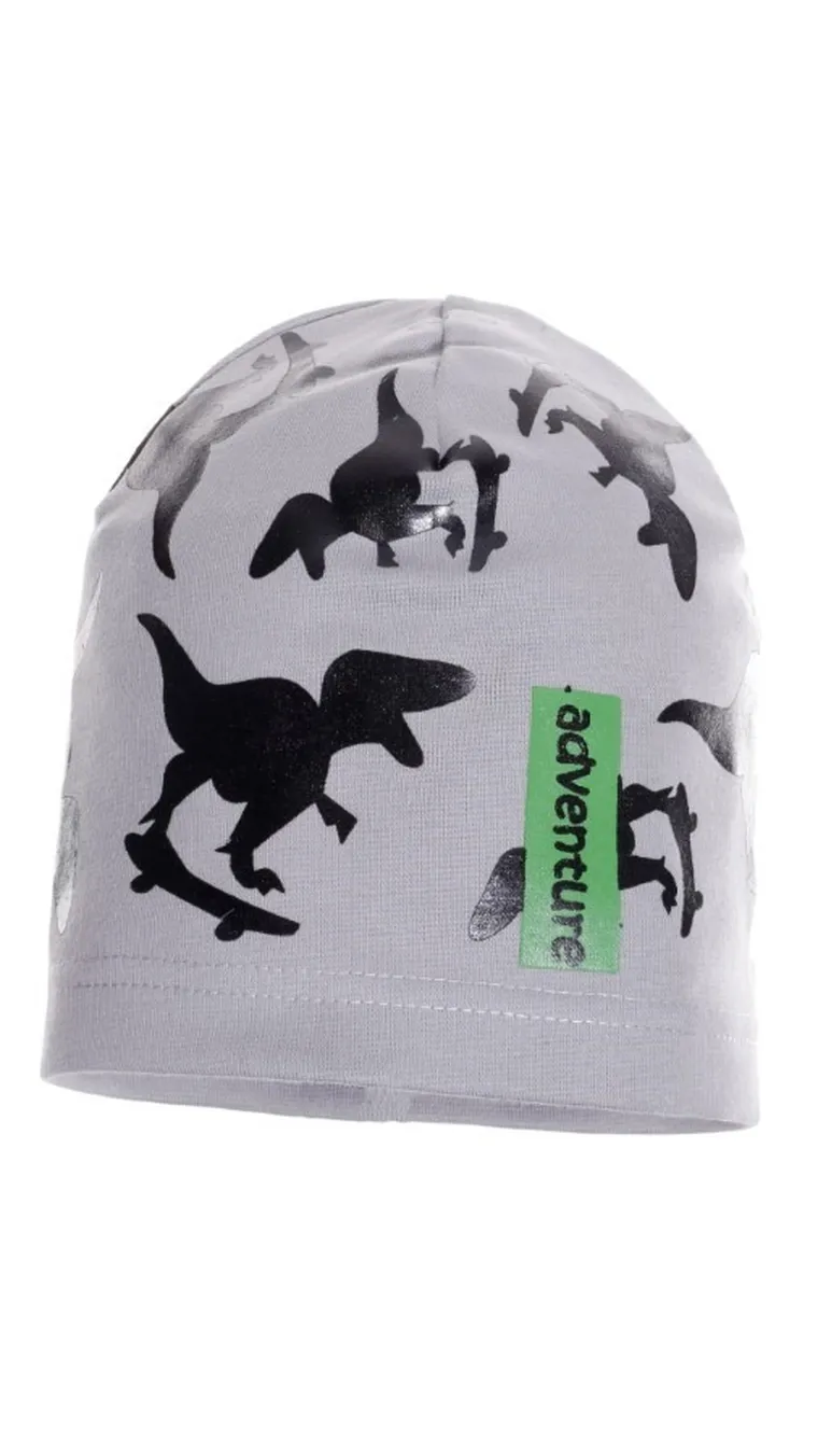 Czapka wiosenna chłopięca, jasnoszara, dinozaury, Ambra