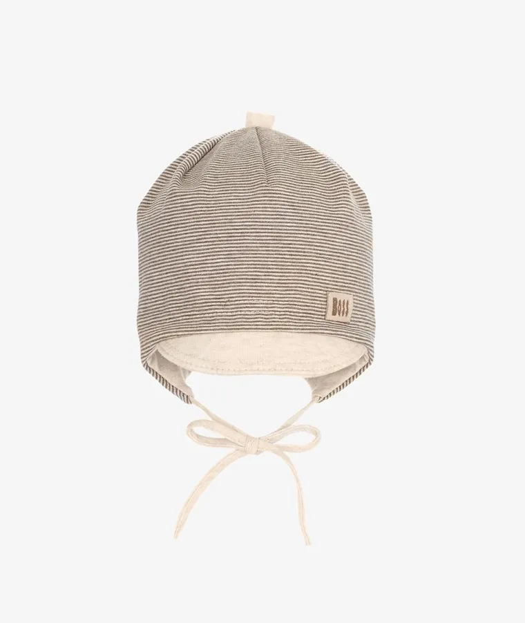 Czapka z daszkiem chłopięca, wiązana, beżowa, paski, Boss, Iltom