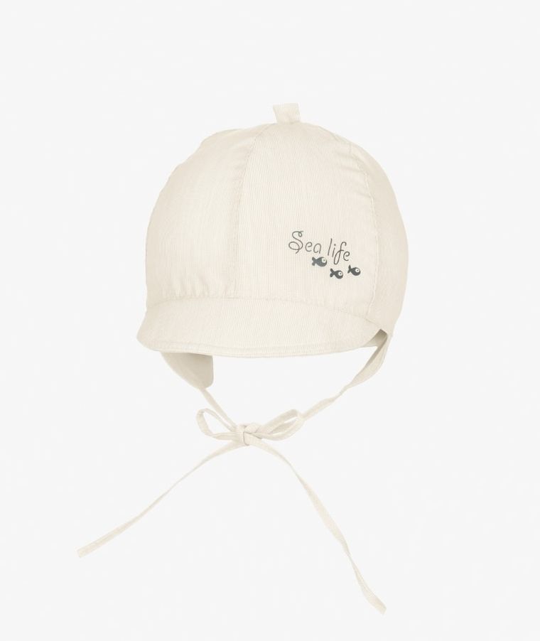 Czapka z daszkiem chłopięca, wiązana, beżowa, rybki, Iltom