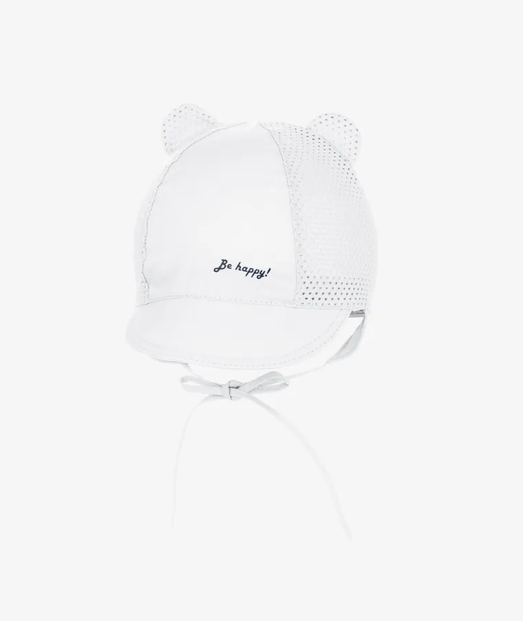 Czapka z daszkiem chłopięca, wiązana, biała, Be happy, Iltom