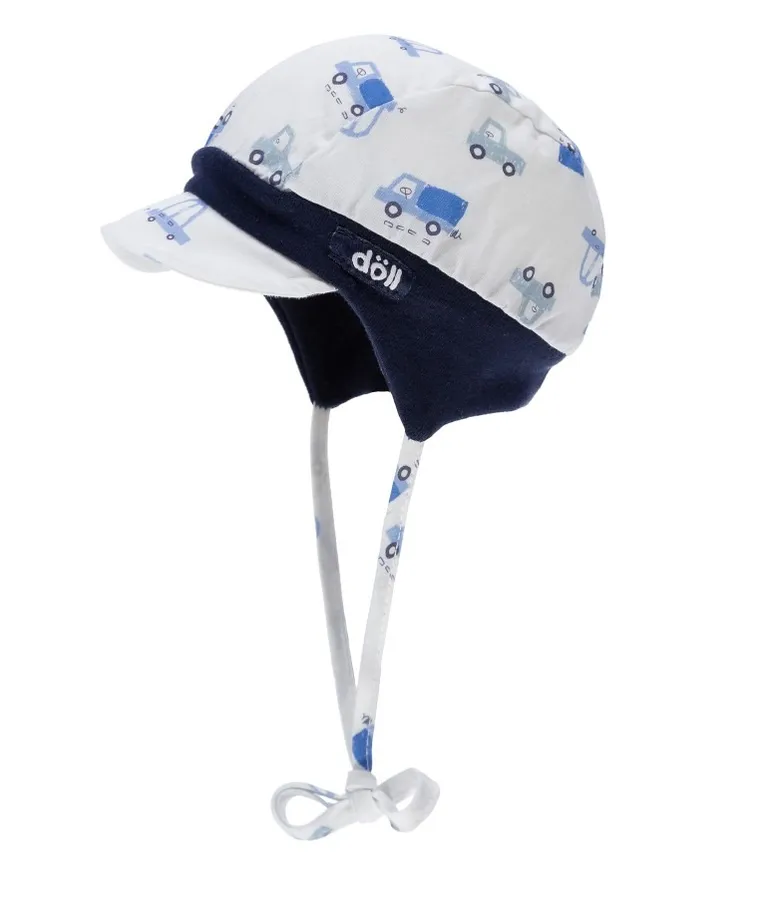 Czapka z daszkiem chłopięca, wiązana, biała, pojazdy, Döll