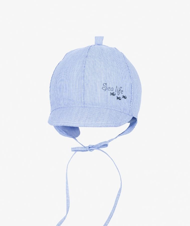 Czapka z daszkiem chłopięca, wiązana, denim, rybki, Iltom