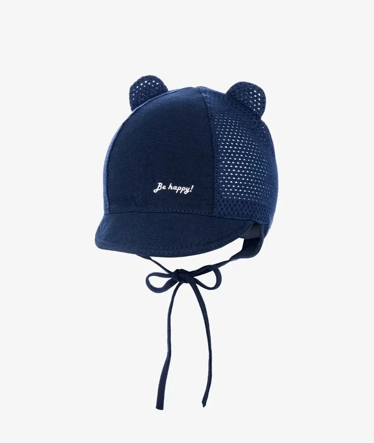 Czapka z daszkiem chłopięca, wiązana, granatowa, Be happy, Iltom