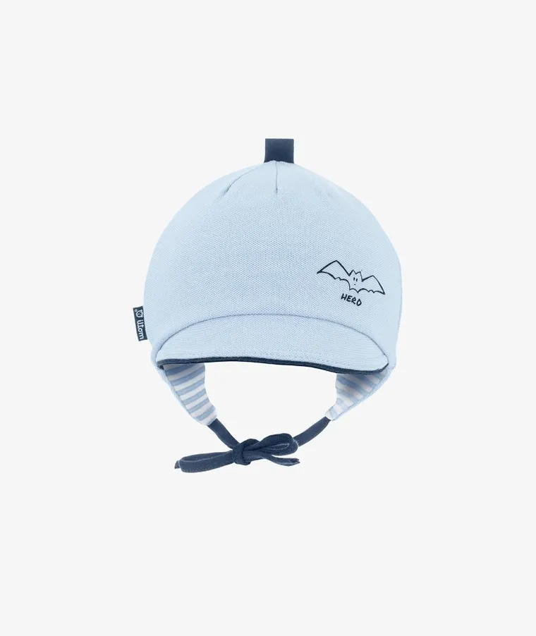 Czapka z daszkiem chłopięca, wiązana, niebieska, podwójna, Iltom