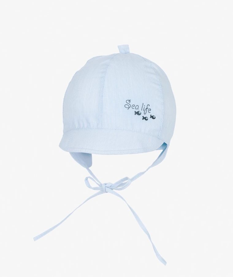 Czapka z daszkiem chłopięca, wiązana, niebieska, rybki, Iltom