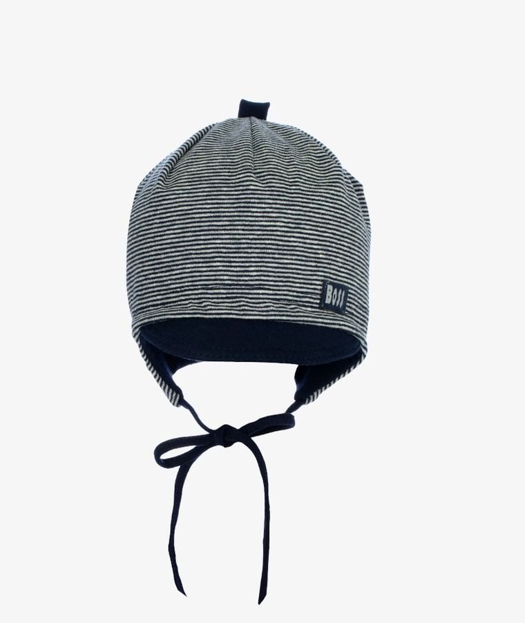 Czapka z daszkiem chłopięca, wiązana, szara, paski, Boss, Iltom