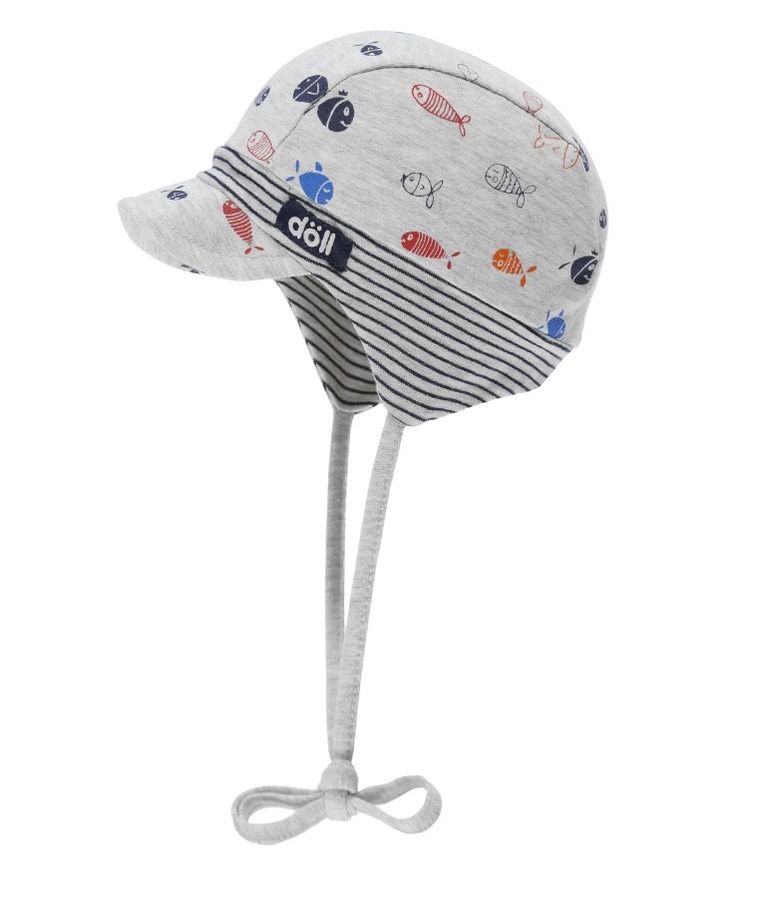 Czapka z daszkiem chłopięca, wiązana, szara, rybki, Döll